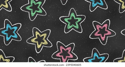 Cute Seamless Grunge Pattern of Chalk Drawn Sketches Colorful Stars on Dark Blackboard. Continuous Background of Realistic Crayon-Drawn Stars on Chalkboard Backdrop.