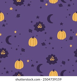 Cute seamless halloween pattern with autumn flowers and pumpkins. Vector illustration