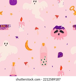 Cute seamless Halloween pattern. Background with skull, cauldron, ghost, candle, eyes in a vessel, potion. Vector pattern for fabric, postcard, web, textile, wrapping paper and more. 