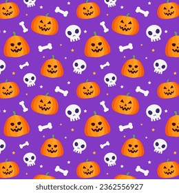 Cute Seamless Halloween Pattern Background. Vector Halloween Elements Illustration. Pumpkins, Cauldrons, Skulls, and Bones on Purple Background