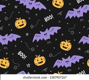 Cute seamless Halloween pattern with bats and pumpkins flying in the night sky.Print for textile,clothing,mobile wallpaper or wrapping paper.Black background.vector