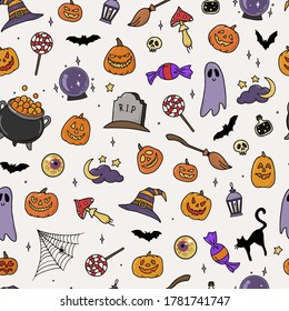 Cute seamless Halloween pattern with doodles for holiday decor. Wrapping paper, textile and fabric print, wallpaper, scrapbooking, packaging, etc. EPS 10