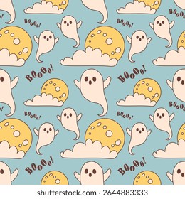 Cute Seamless Halloween Pattern with cute flying ghosts, yellow full moons behind fluffy clouds, and the word “Boo!” on a light blue background