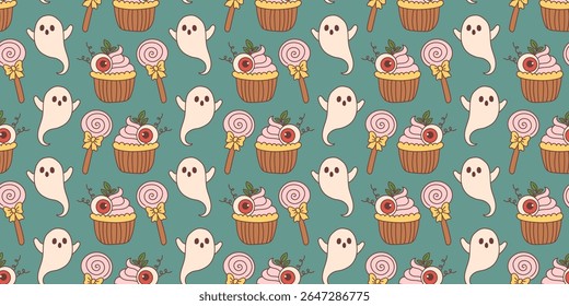 Cute seamless Halloween pattern with cute flying ghosts, spooky cupcakes topped with eyeballs and lollipop candy