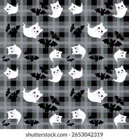 Cute seamless Halloween pattern with ghost cats, bats, and skulls on black background. Perfect for kids’ spooky designs, party decorations, and digital paper.

