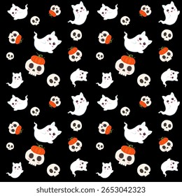 Cute seamless Halloween pattern with ghost cats, bats, and skulls on black background. Perfect for kids’ spooky designs, party decorations, and digital paper.
