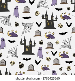 adorable patrón de Halloween sin costuras con garabatos dibujados a mano sobre fondo blanco. Ideal para papel de pared vacacional, paquete, papel de embalaje, impresiones textiles, etc. EPS 10