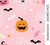 Cute seamless Halloween pattern. Jack o lantern, bats, spiders on spider webs, candies and stars on pink background. Halloween celebration concept for design and print