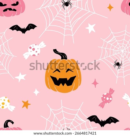 Cute seamless Halloween pattern. Jack o lantern, bats, spiders on spider webs, candies and stars on pink background. Halloween celebration concept for design and print