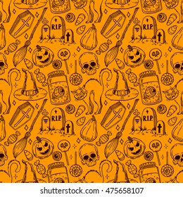 cute seamless Halloween pattern of magical attributes and candies. hand-drawn illustration