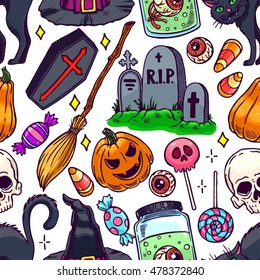 cute seamless Halloween pattern of magical attributes and candies. hand-drawn illustration