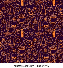 cute seamless Halloween pattern of magical attributes and candies. hand-drawn illustration