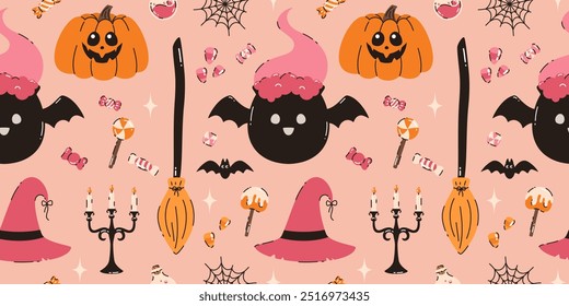 Cute seamless Halloween pattern. Witch hat, cauldron with pink potion, bat, broom. Flat vector illustration.