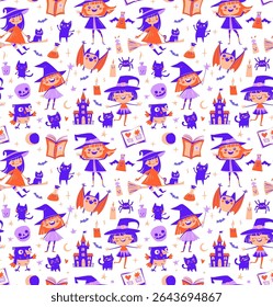 Cute Seamless Halloween Pattern with Witches, Cats, Potions. Purple Cartoon Doodle Style. Flat style, parties, wrapping paper, greeting card. Vector Illustration. Spooky Fun Seamless Design for Kids