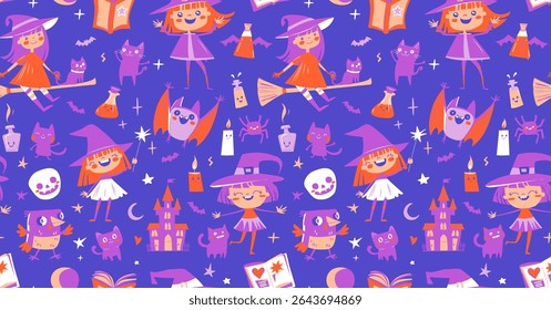 Cute Seamless Halloween Pattern with Witches, Cats, Potions. Purple Cartoon Doodle Style. Flat style, parties, wrapping paper, greeting card. Vector Illustration. Spooky Fun Seamless Design for Kids