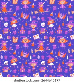 Cute Seamless Halloween Pattern with Witches, Cats, Potions. Purple Cartoon Doodle Style. Flat style, parties, wrapping paper, greeting card. Vector Illustration. Spooky Fun Seamless Design for Kids