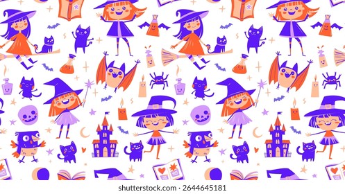 Cute Seamless Halloween Pattern with Witches, Cats, Potions. Purple Cartoon Doodle Style. Flat style, parties, wrapping paper, greeting card. Vector Illustration. Spooky Fun Seamless Design for Kids
