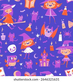 Cute Seamless Halloween Pattern with Witches, Cats, Potions. Purple Cartoon Doodle Style. Flat style, parties, wrapping paper, greeting card. Vector Illustration. Spooky Fun Seamless Design for Kids