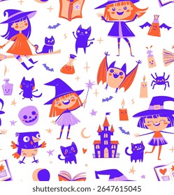 Cute Seamless Halloween Pattern with Witches, Cats, Potions. Purple Cartoon Doodle Style. Flat style, parties, wrapping paper, greeting card. Vector Illustration. Spooky Fun Seamless Design for Kids