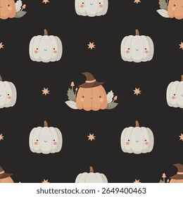 Cute seamless Halloween pumpkin pattern with witch hat and stars on black background Perfect for kids Halloween decor, wrapping paper, fabric, and seasonal projects.