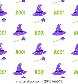 Cute seamless Halloween vector pattern with witch hats, magic wands and boo text. Cartoon print on white background for kids textile or wrapping paper