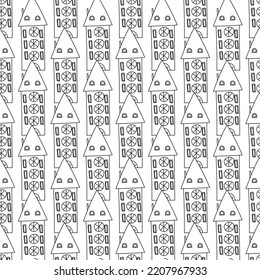 Cuidados y sin fisuras de las casas de los doodles dibujados a mano patrón en el estilo de arte en línea para niños, tela, impresiones