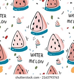 cute Seamless hand drawn fruit  pattern with watermelon minimal design colorful , summer fruit,vacation , flat sign , vector wallpaper texture and illustration