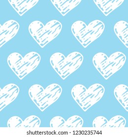 Cute Seamless Hand drawn Hearts pattern. Blue and White Ink design for t-shirt, dress, cloths. Sketchy Valentine's Day or Baby Shower background for Boy. Vector illustration EPS 10 file.