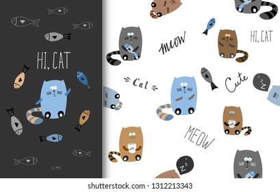 Cute seamless hand drawn pattern with funny cats with fish and milk. Doodle animals. Vector. - Shutterstock ID 1312213343