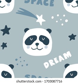 Cute seamless hand drawn pattern with panda cosmonaut, stars, space. Scandinavian style. Vector illustration for kids, nursery,  fabric etc