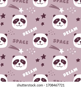 Cute seamless hand drawn pattern with panda cosmonaut, stars, space. Scandinavian style. Vector illustration for kids, nursery,  fabric etc