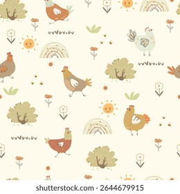 Cute seamless hand drawn pattern with chicken,bees, plants, sun, , rainbows and flowers. Vector illustration with cute farm animals and plants	