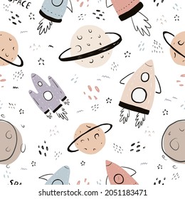 cute seamless hand drawn space pattern with rocket,star,comet,spacecraft,planets,galaxy saturn,meteorite and spaceships on white background