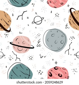 cute seamless hand drawn space pattern with,star,constellation,comet,spacecraft,planets,galaxy saturn,meteorite and spaceships on white background