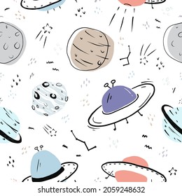 cute seamless hand drawn space pattern with UFO,star,comet,spacecraft,planets,galaxy saturn,meteorite and spaceships on white background