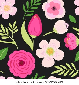 Cute seamless hand drawn spring pattern with primitive rustic flowers and leaves