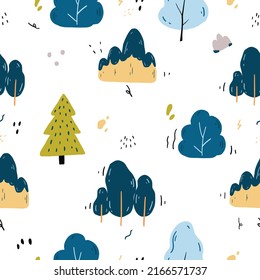 cute seamless hand drawn summer pattern with pine,tree and mountain on white background