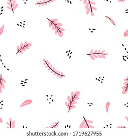 Cute seamless hand drawn vector pattern summer with leaves,
palm,fern on white background