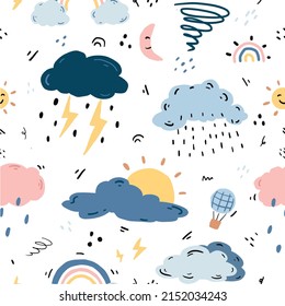 cute seamless hand drawn weather pattern and cloud  rainy  storm  rainbow   sun white background 