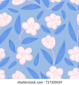 Cute seamless hand-drawn floral pattern with white apple or cherry blossom flowers on blue background. Vector illustration.