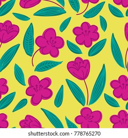 Cute seamless hand-drawn floral pattern with purple apple or cherry blossom flowers on yellow background. Vector illustration