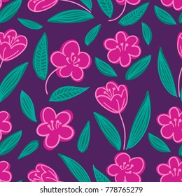 Cute seamless hand-drawn floral pattern with purple apple or cherry blossom flowers on violet background. Vector illustration