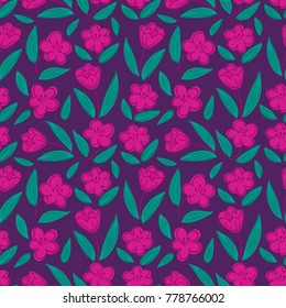 Cute seamless hand-drawn floral pattern with purple apple or cherry blossom flowers on violet background. Vector illustration