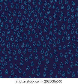 Cute seamless hand-drawn pattern with falling waterdrops on dark blue background. Pattern for fabric, backdrops etc. made in vector
