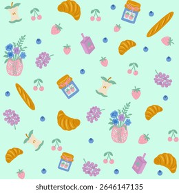 Bonito padrão de desenho à mão sem costura com croissants, morangos, mirtilos, cerejas, frascos de geleia, cesta de flores, baguete e núcleos de maçã. 