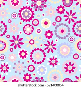 Cute seamless hand-drawn pattern with flowers & dots. Retro vector floral background.