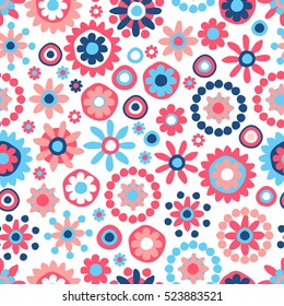 Cute seamless hand-drawn pattern with flowers & dots. Retro vector floral background.