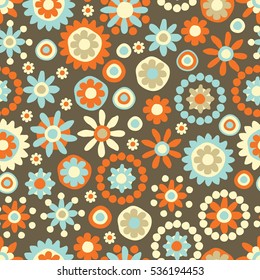 Cute seamless hand-drawn pattern with flowers & dots. Retro vector floral background.

