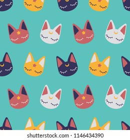 Cute seamless happy sleeping cats pattern in vivid colors. Bright kawaii design, great for fabrics, scrapbooking, cards, wrapping paper or stationery.