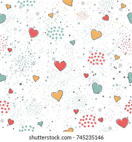 Cute Seamless Heart Pattern on dotted Background. Lovely Hand Drawn Design. Vector Illustration